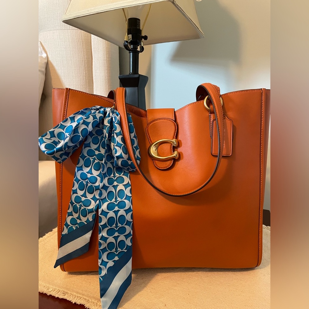 Coach Orange Tote with Blue Patterned Scarf